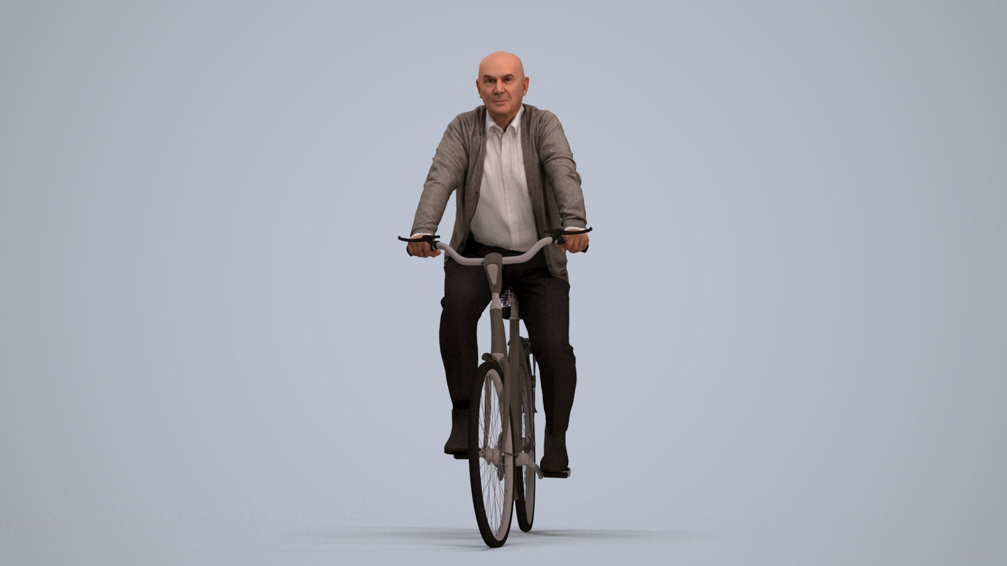 3D human model senior man business cycling, photogrammetry scanned person for archviz, standing pose render