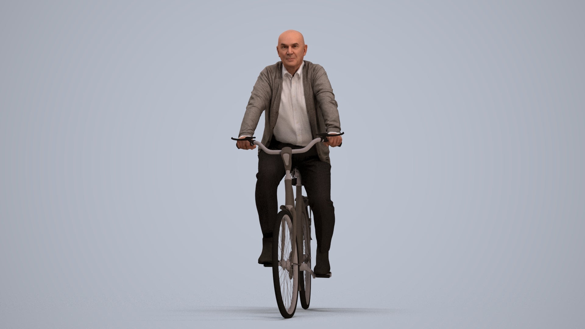 3D human model senior man business cycling, photogrammetry scanned person for archviz, standing pose render