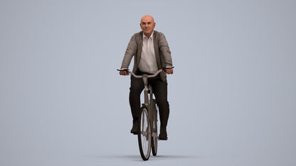 3D human model senior man business cycling, photogrammetry scanned person for archviz, standing pose render