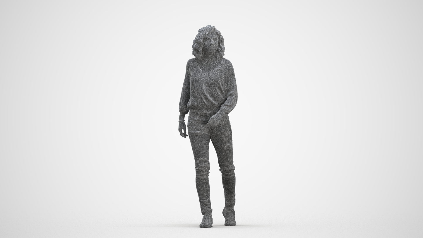 realistic 3D human woman casual walking, archviz people FBX OBJ for Blender, three-quarter front view render