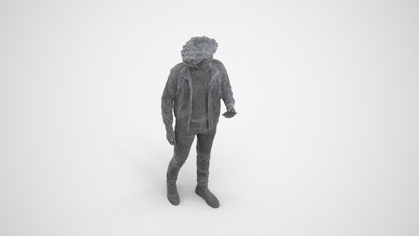 photogrammetry 3D man casual standing, realistic human model archviz FBX, wireframe three-quarter view