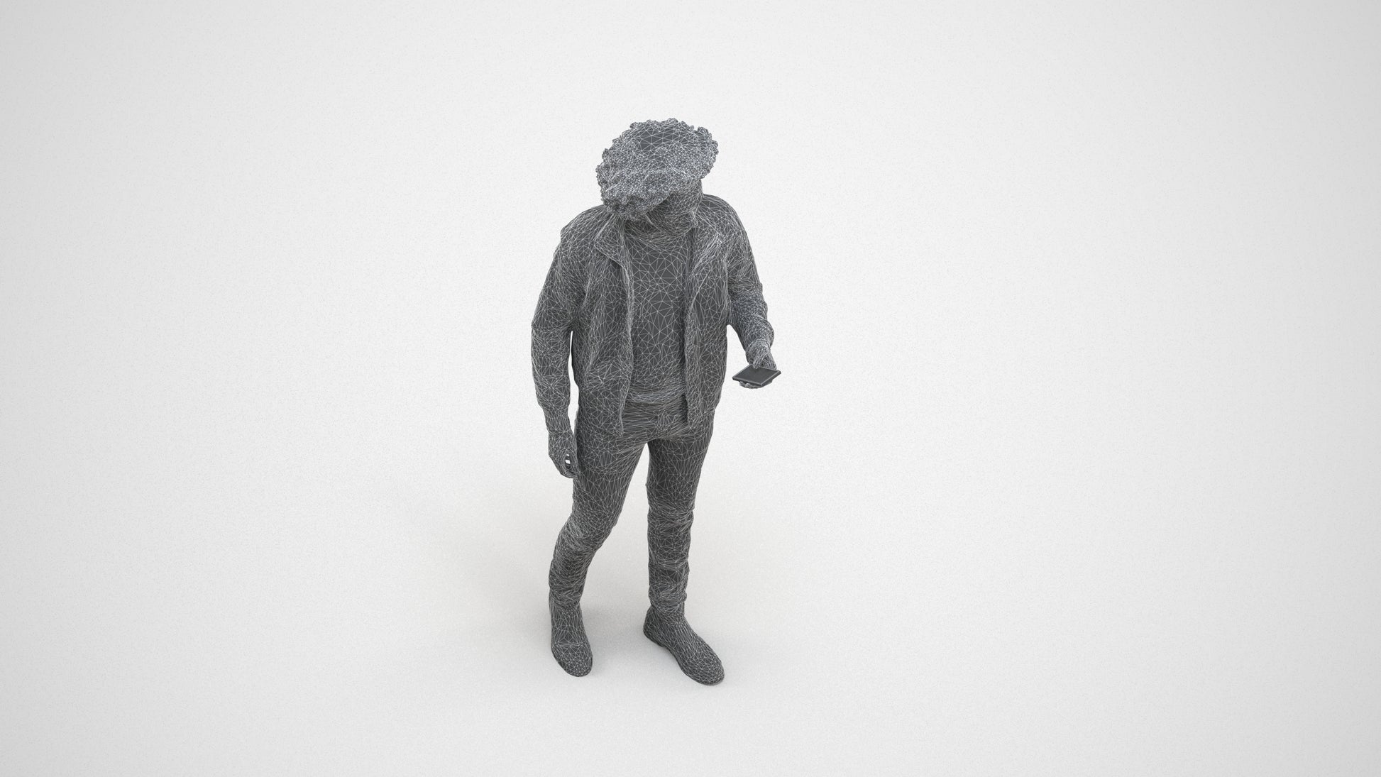 photogrammetry 3D man casual standing, realistic human model archviz FBX, wireframe three-quarter view