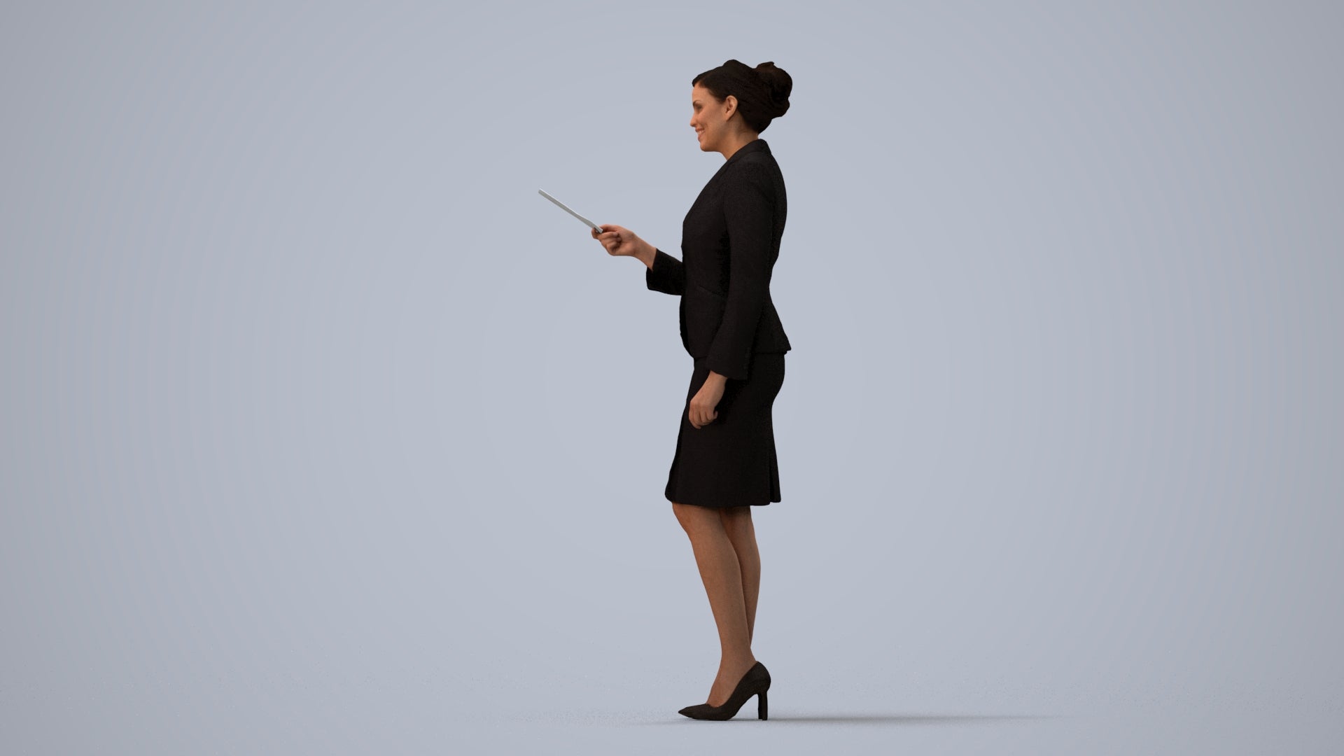 3D people model woman hospitality, scanned human for 3ds Max rendering, three-quarter view render