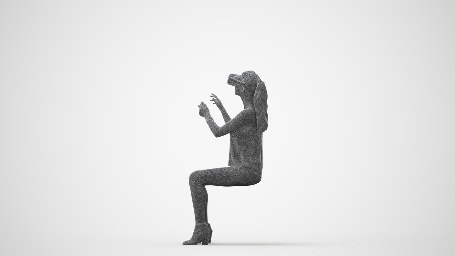 3D human model girl casual sitting, photogrammetry scanned person for archviz, square thumbnail