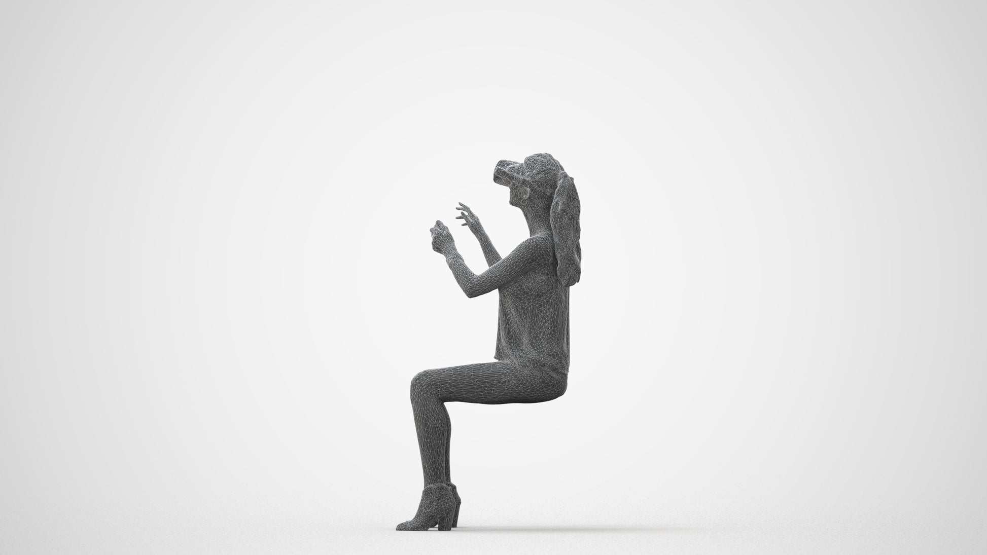 3D human model girl casual sitting, photogrammetry scanned person for archviz, square thumbnail