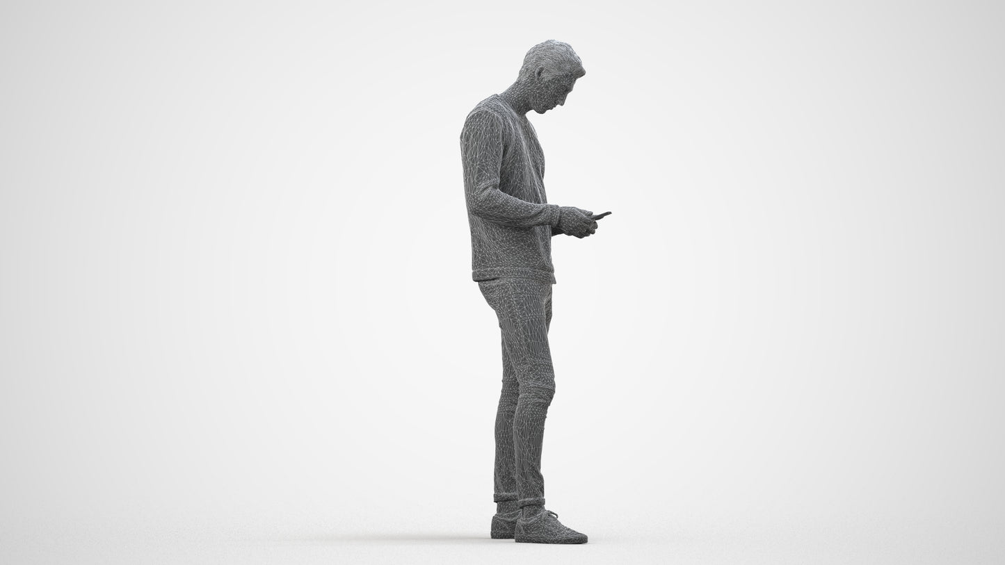 3D people model man casual standing, scanned human for 3ds Max rendering, wireframe side view