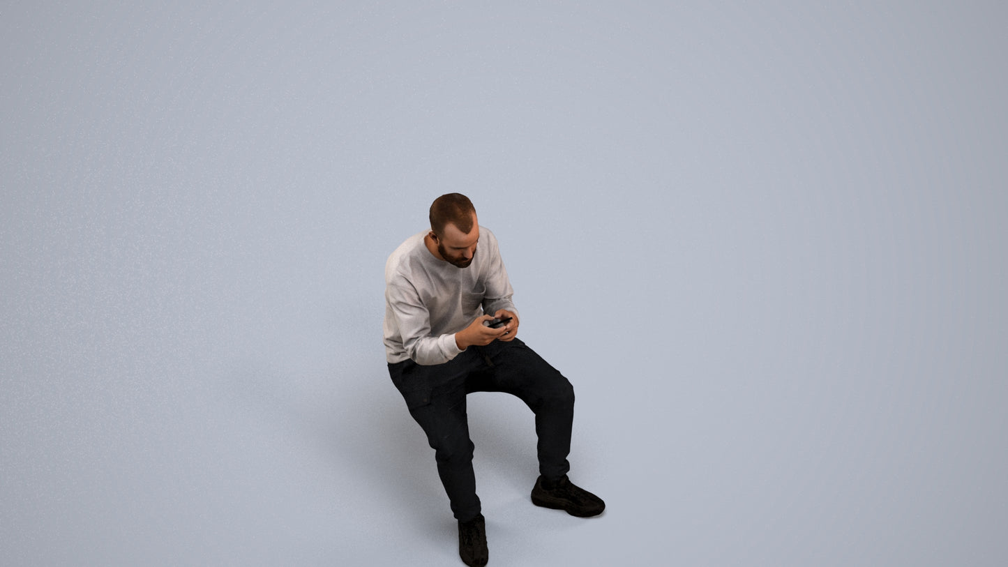 3D human model man casual sitting, photogrammetry scanned person for archviz, back view render