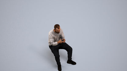 3D human model man casual sitting, photogrammetry scanned person for archviz, back view render