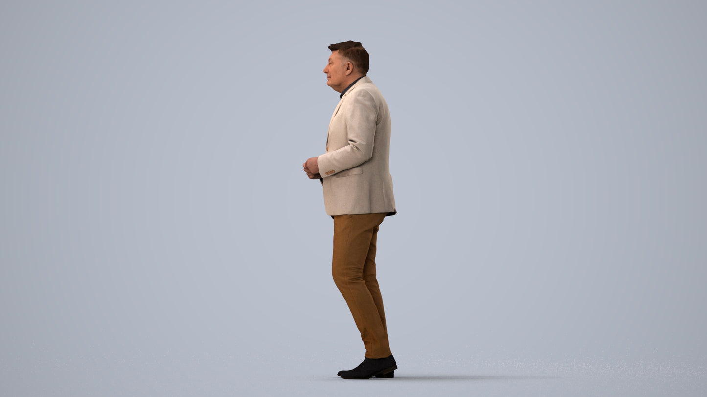 realistic 3D human man business standing, archviz people FBX OBJ for Blender, three-quarter view render
