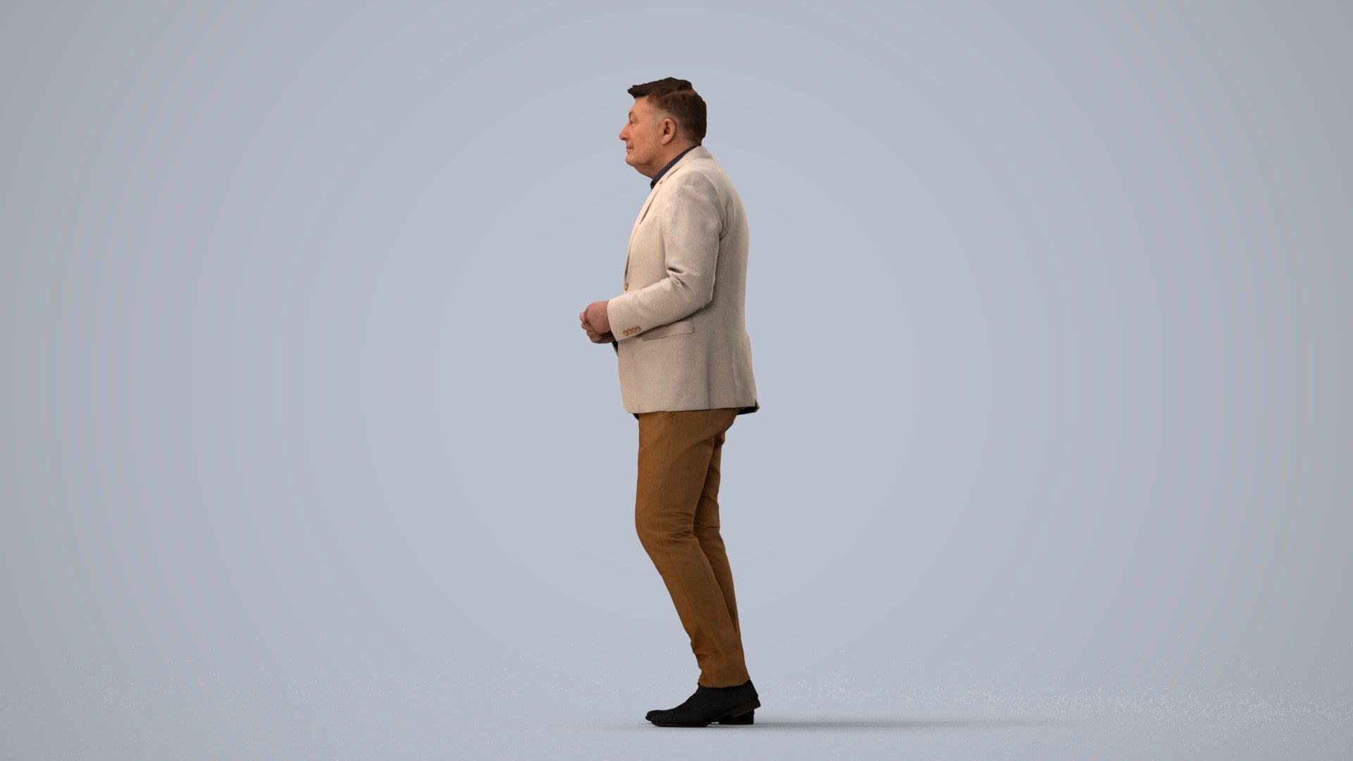 realistic 3D human man business standing, archviz people FBX OBJ for Blender, three-quarter view render