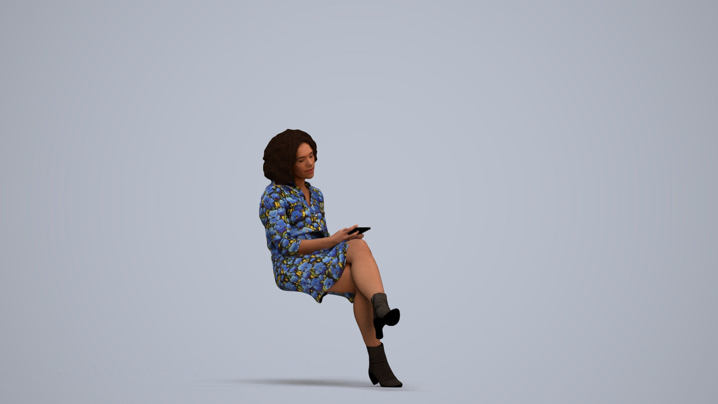 realistic 3D woman casual sitting, scanned archviz people for Blender and 3ds Max, standing pose render