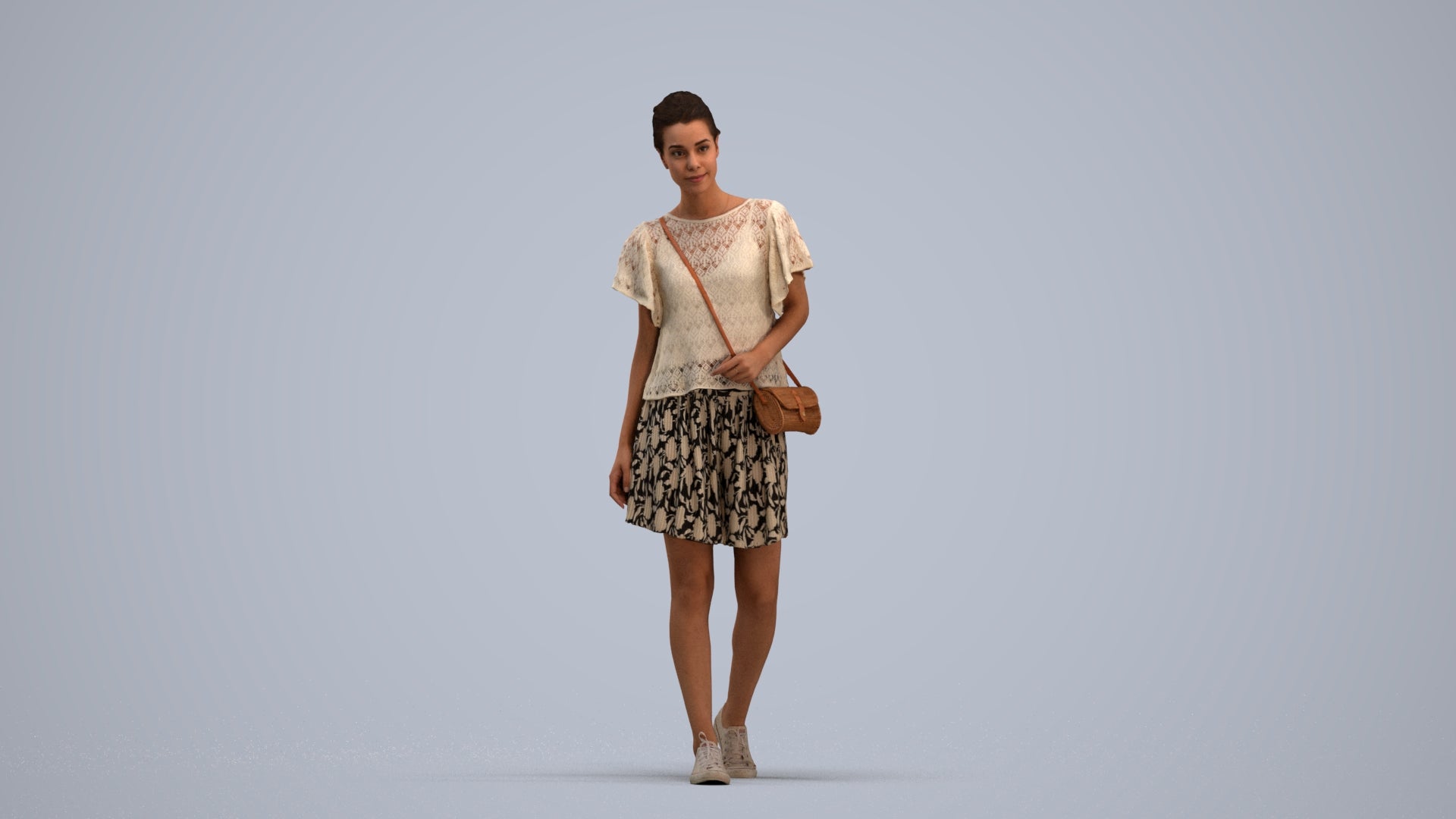 realistic 3D woman casual walking, scanned archviz people for Blender and 3ds Max, standing pose render