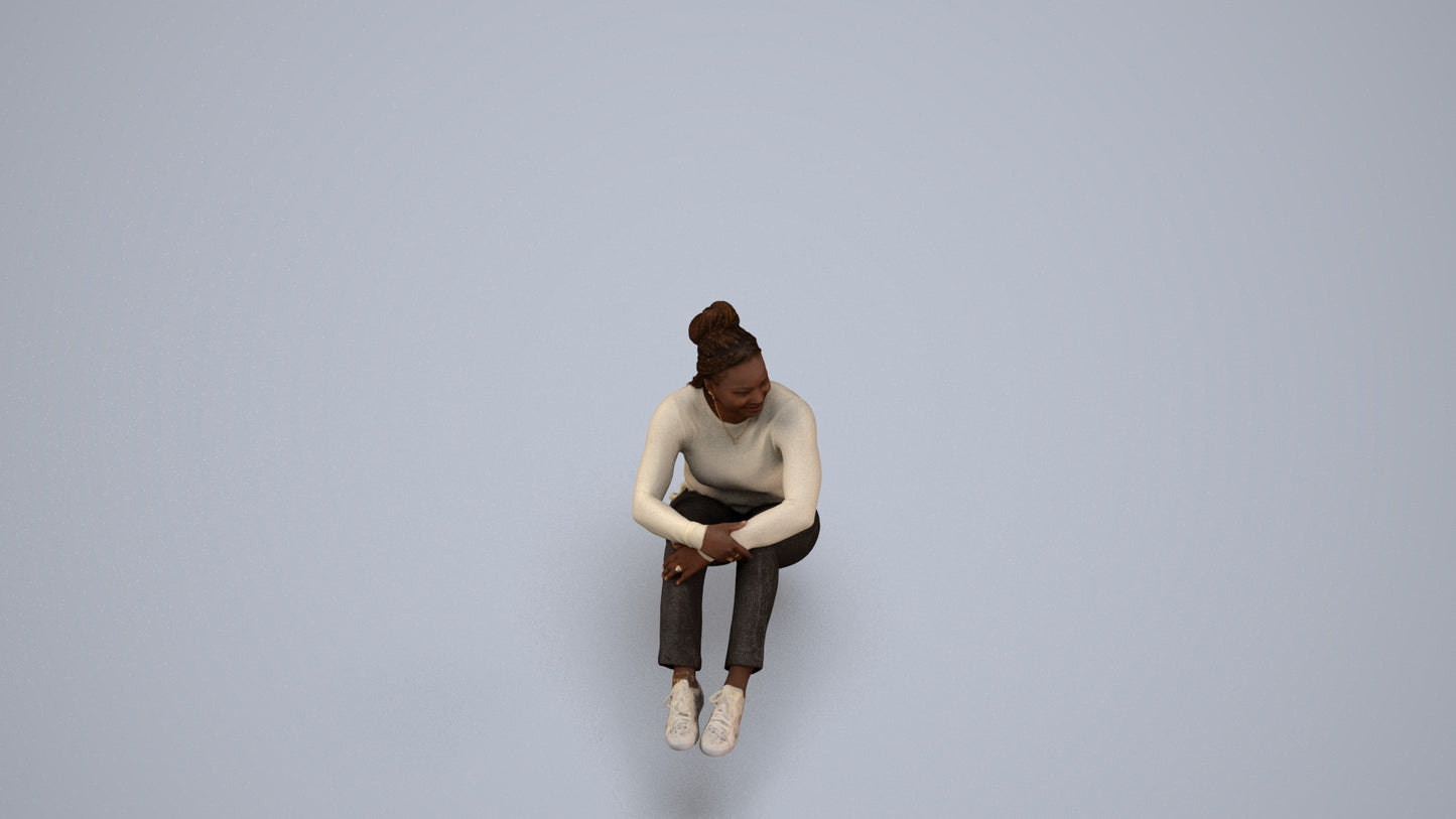 photogrammetry 3D woman casual sitting, realistic human model archviz FBX, back view render