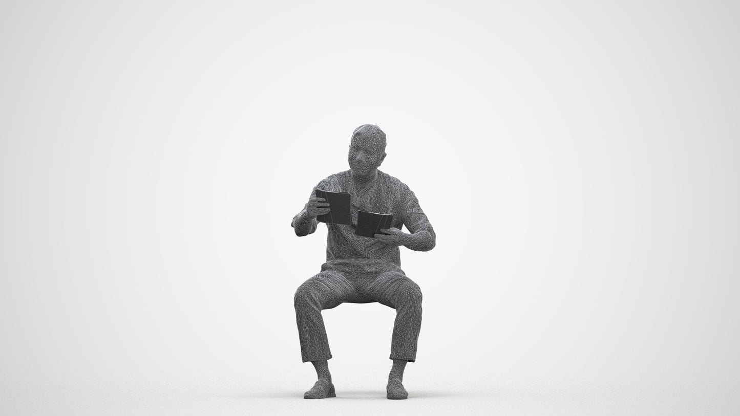 realistic 3D man casual sitting, scanned archviz people for Blender and 3ds Max, three-quarter front view render