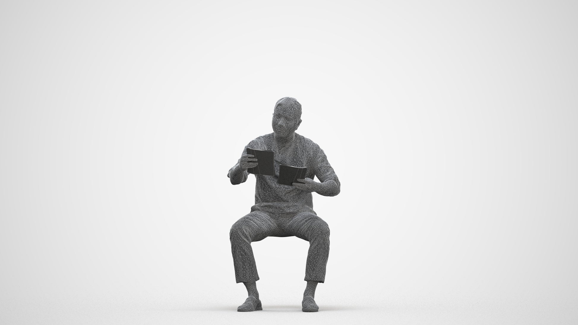realistic 3D man casual sitting, scanned archviz people for Blender and 3ds Max, three-quarter front view render
