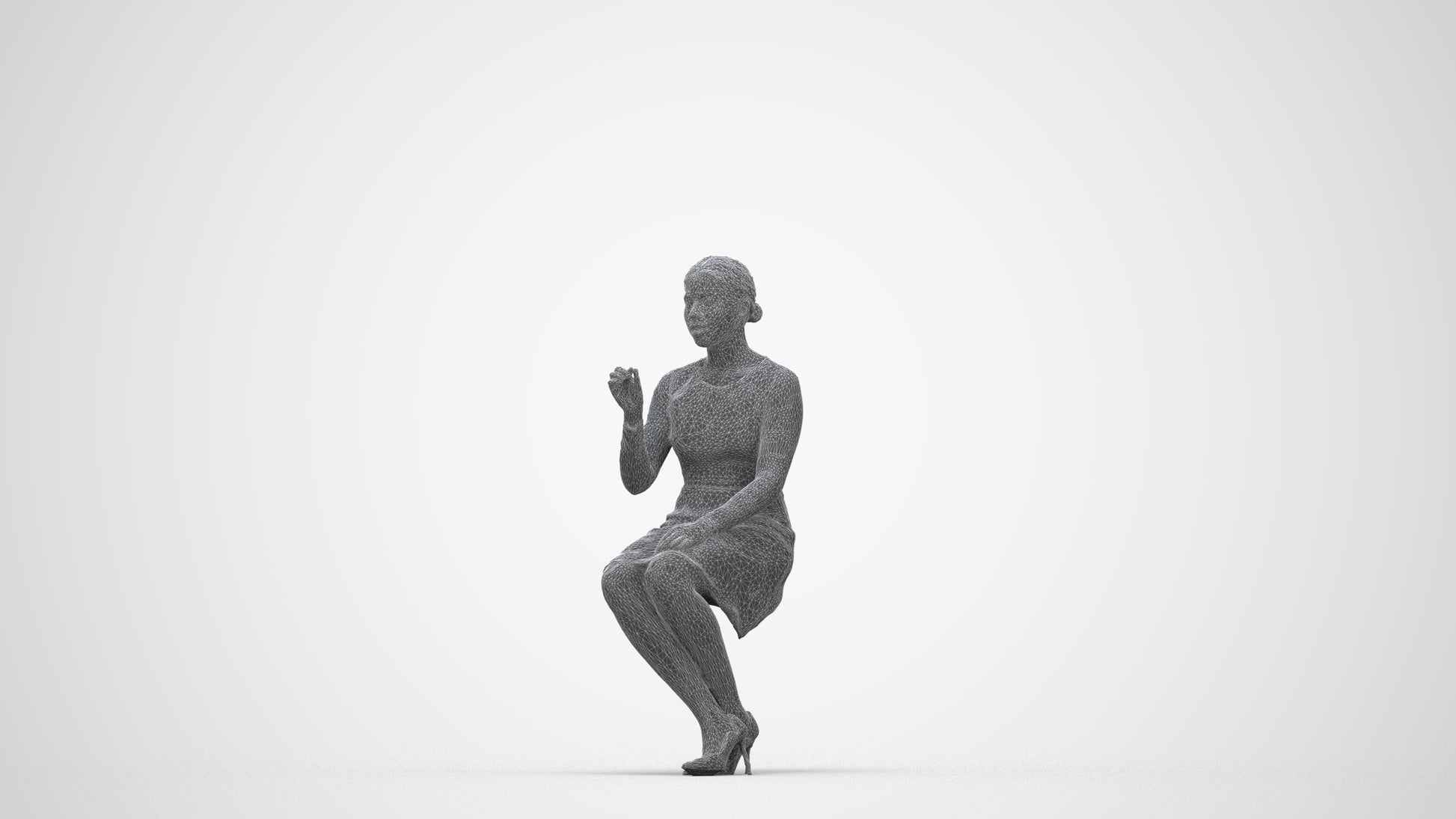 realistic 3D human woman business sitting, archviz people FBX OBJ for Blender, wireframe back view