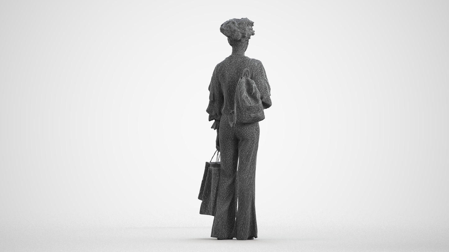 realistic 3D human woman casual shopping, archviz people FBX OBJ for Blender, wireframe front view