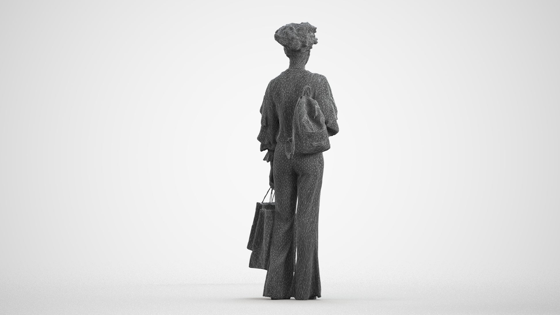 realistic 3D human woman casual shopping, archviz people FBX OBJ for Blender, wireframe front view