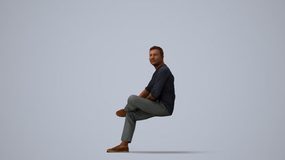 photogrammetry 3D man casual sitting, realistic human model archviz FBX, three-quarter view render