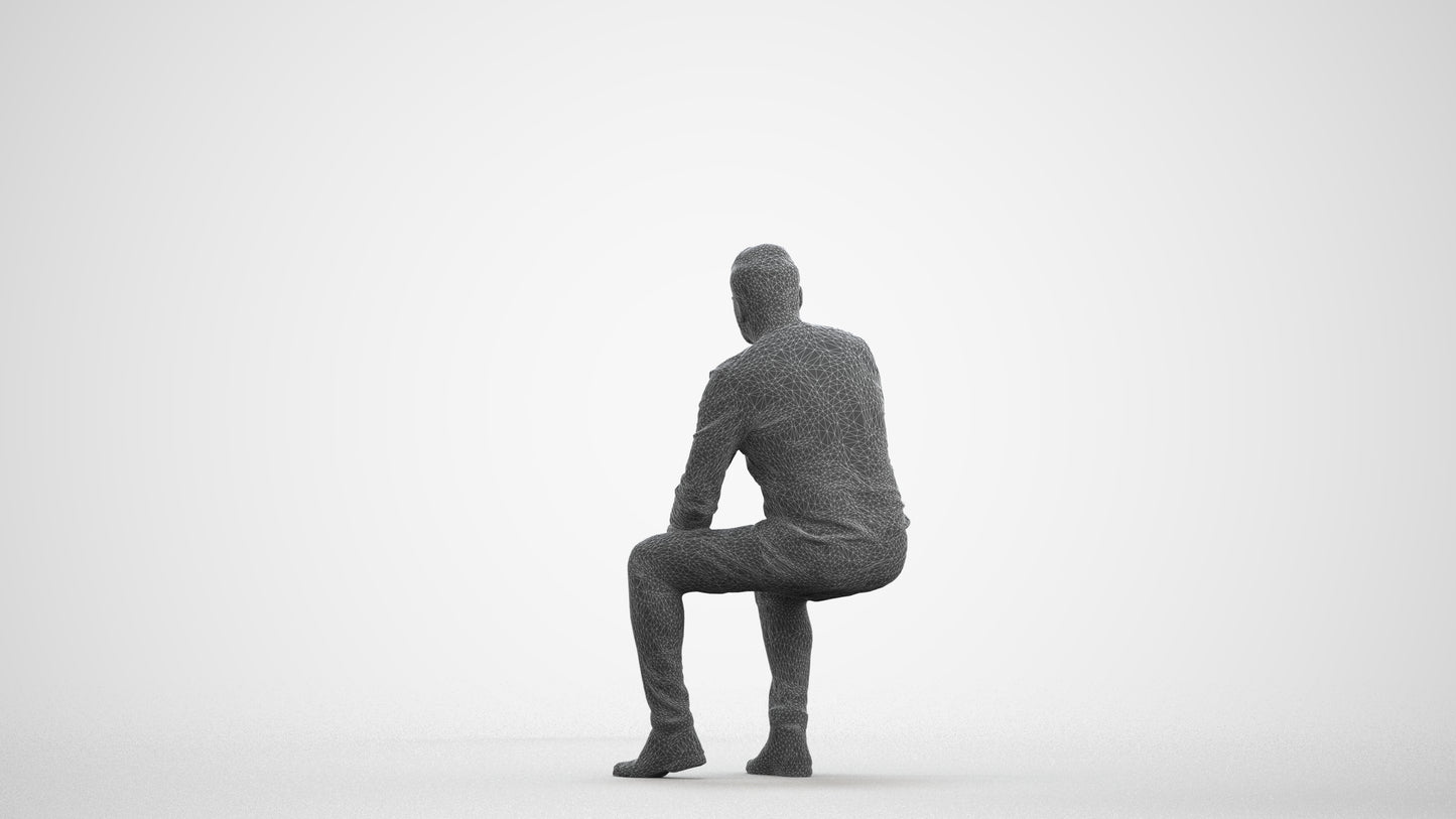 3D people model man casual sitting, scanned human for 3ds Max rendering, wireframe front view