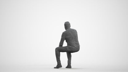 3D people model man casual sitting, scanned human for 3ds Max rendering, wireframe front view