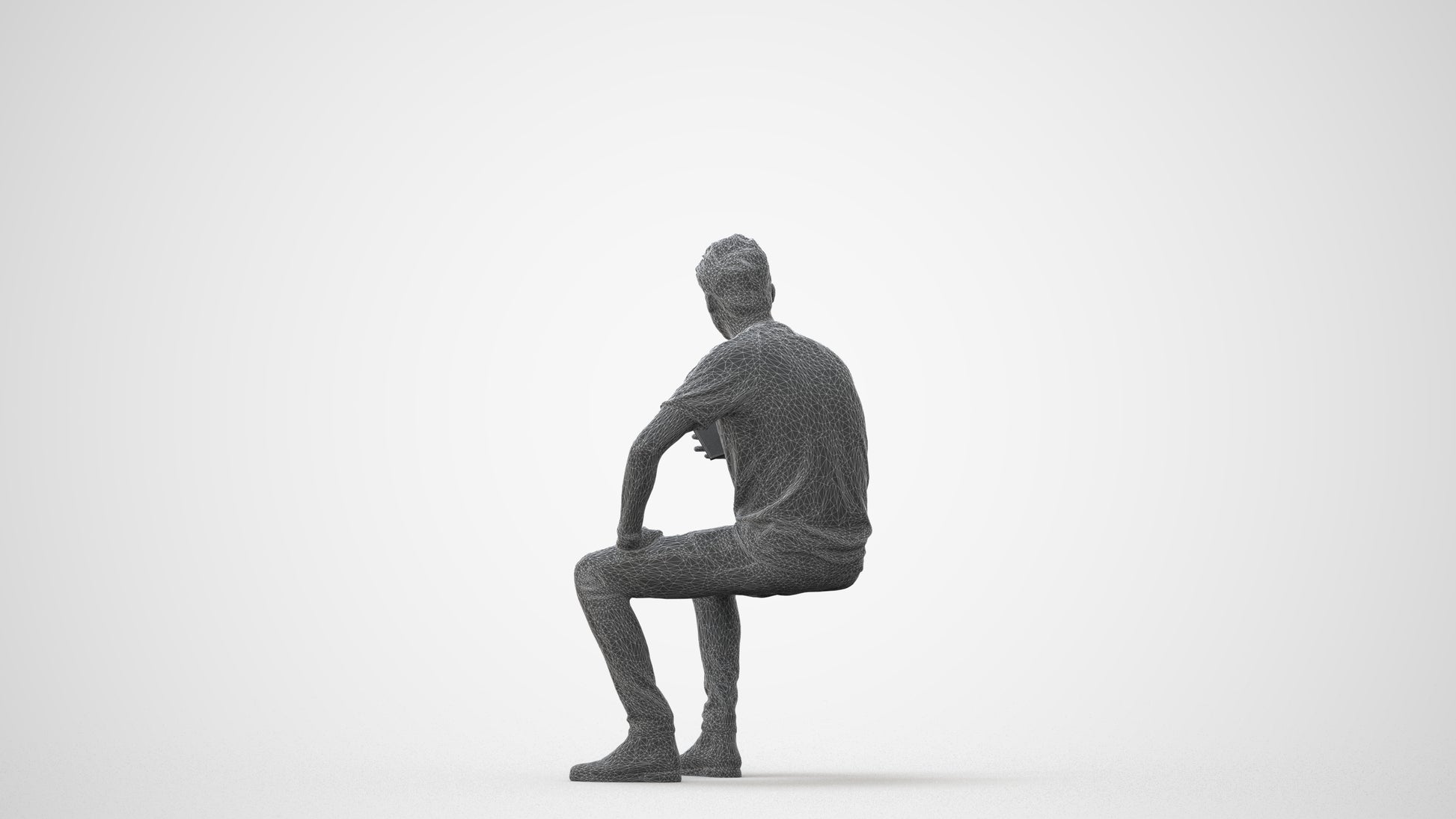 3D human model man casual sitting, photogrammetry scanned person for archviz, square thumbnail