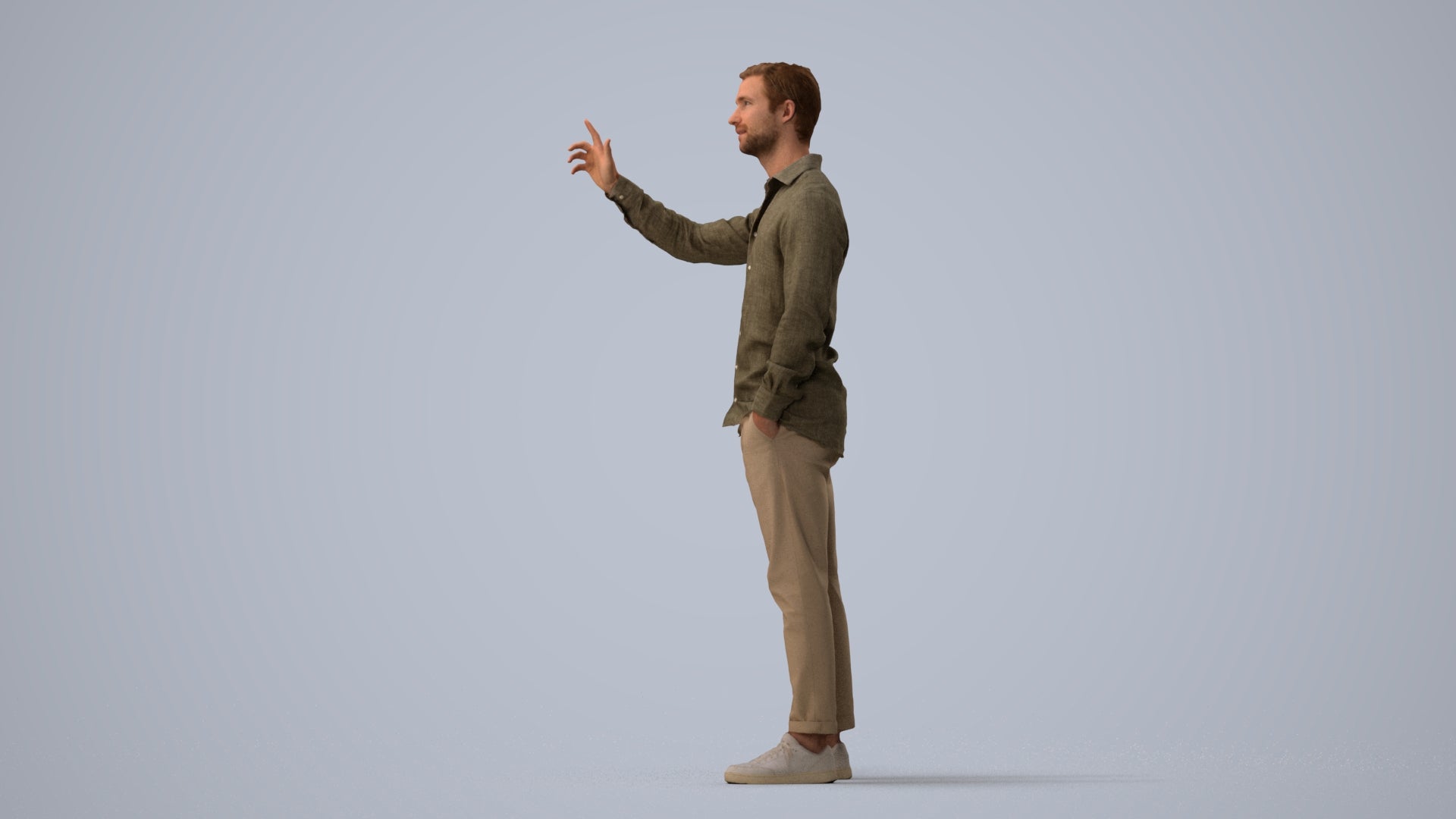 3D human model man casual standing, photogrammetry scanned person for archviz, three-quarter view render
