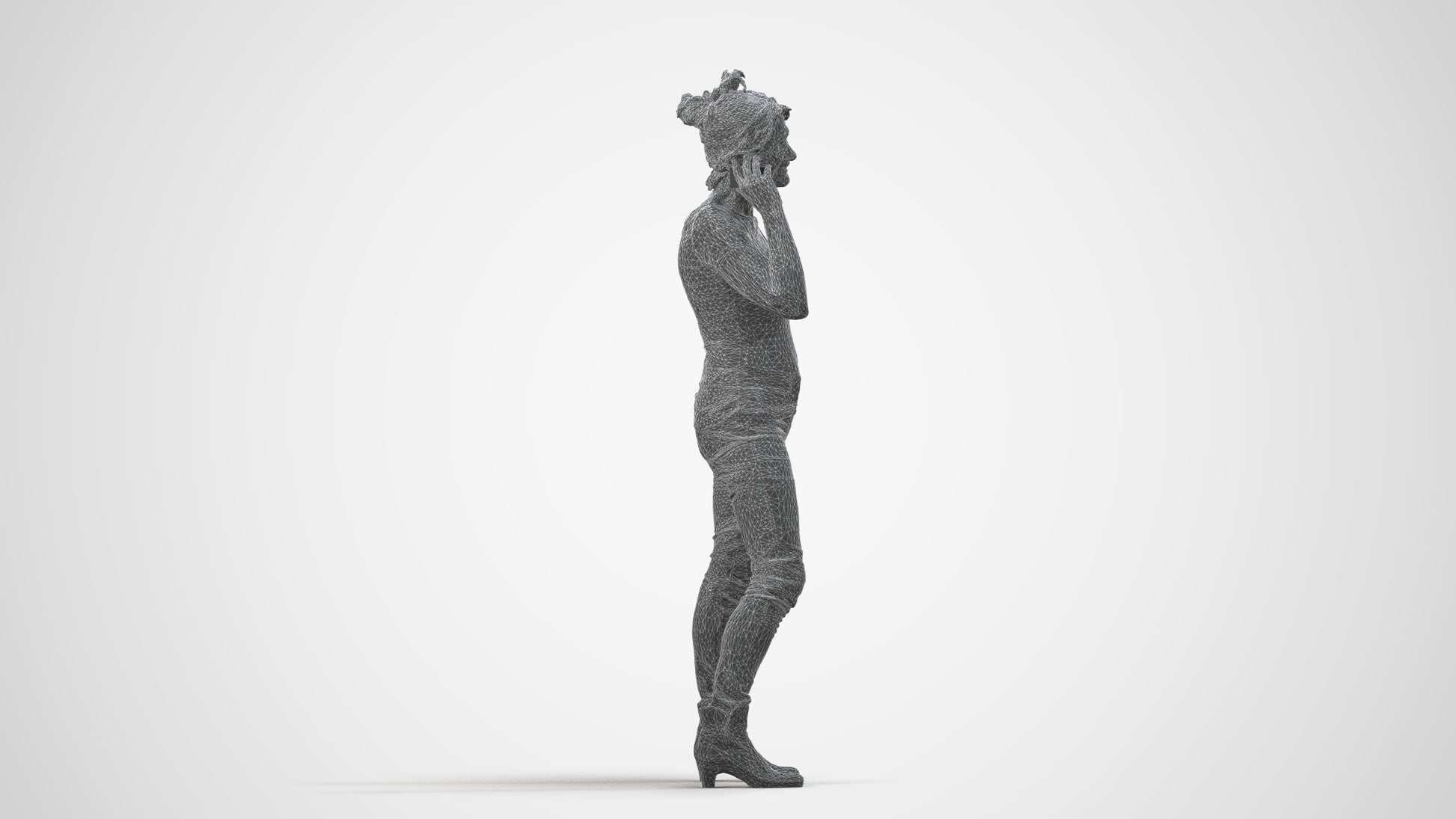 3D people model senior woman casual standing, scanned human for 3ds Max rendering, wireframe side view