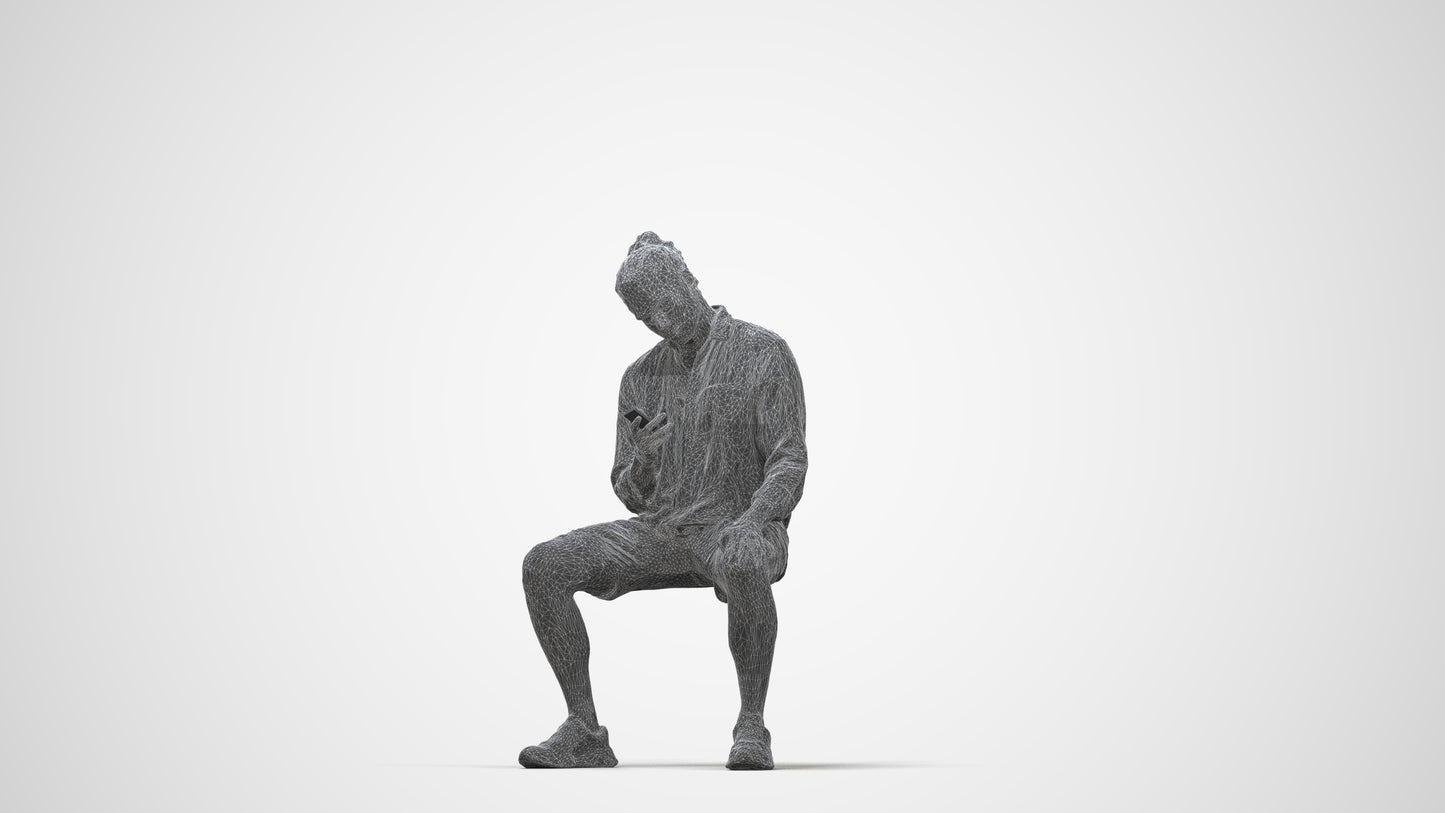 photogrammetry 3D man casual sitting, realistic human model archviz FBX, wireframe back view