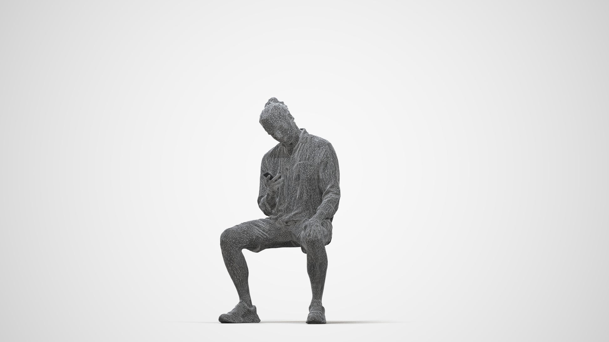 photogrammetry 3D man casual sitting, realistic human model archviz FBX, wireframe back view