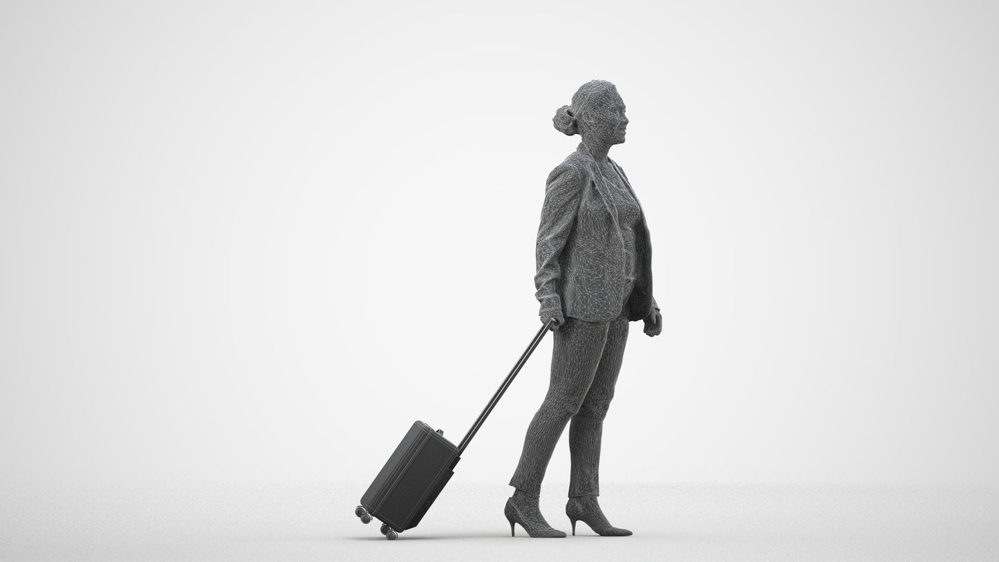 3D scanned woman walking business, photorealistic archviz people for Enscape and SketchUp, wireframe side view