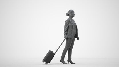3D scanned woman walking business, photorealistic archviz people for Enscape and SketchUp, wireframe side view