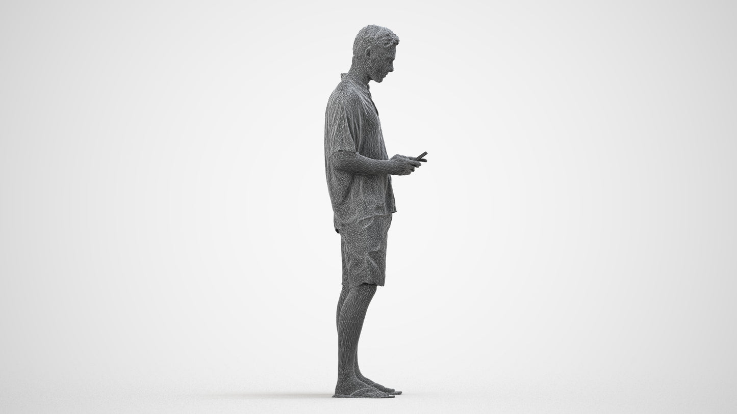 3D human model man casual standing, photogrammetry scanned person for archviz, wireframe side view