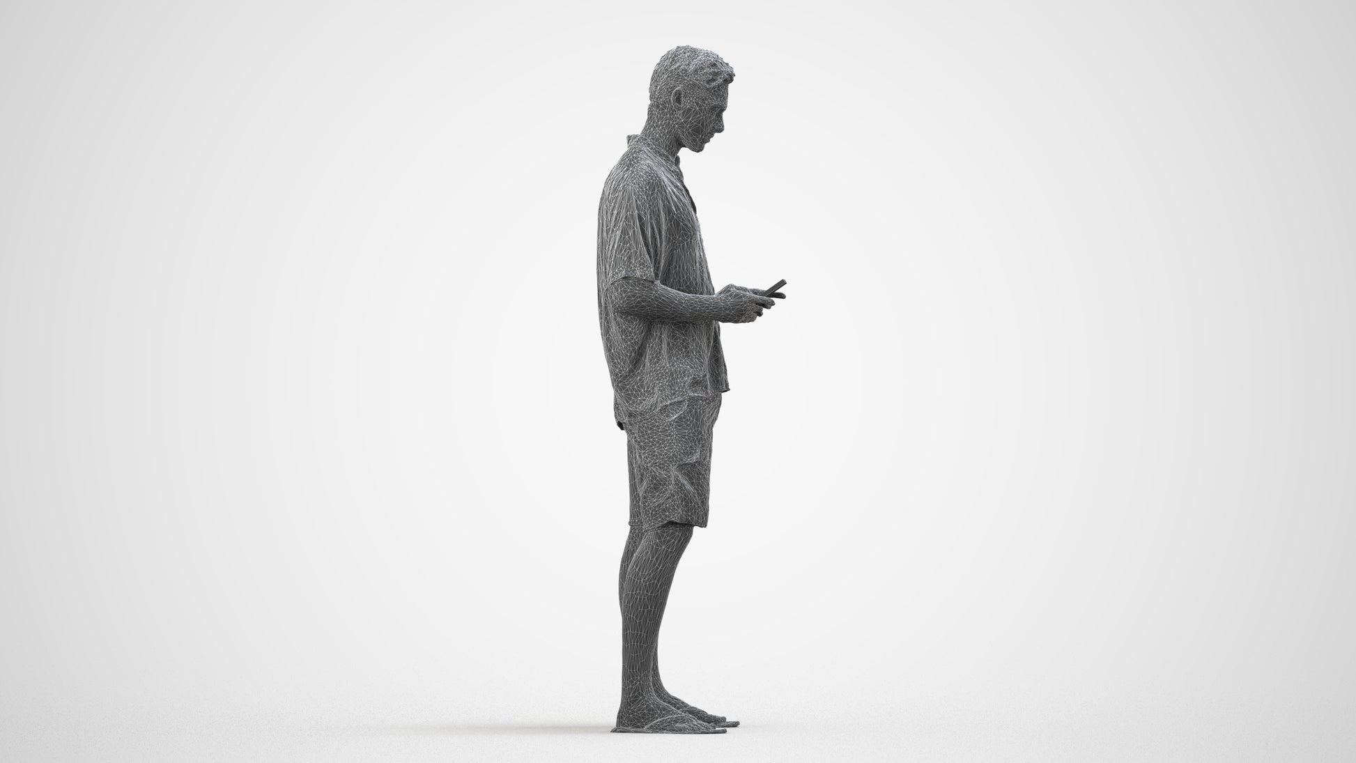 3D human model man casual standing, photogrammetry scanned person for archviz, wireframe side view