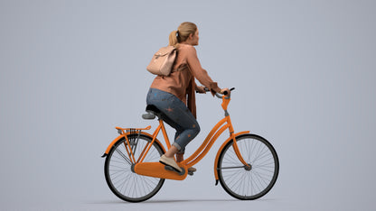 photogrammetry 3D woman casual cycling, realistic human model archviz FBX, side view render