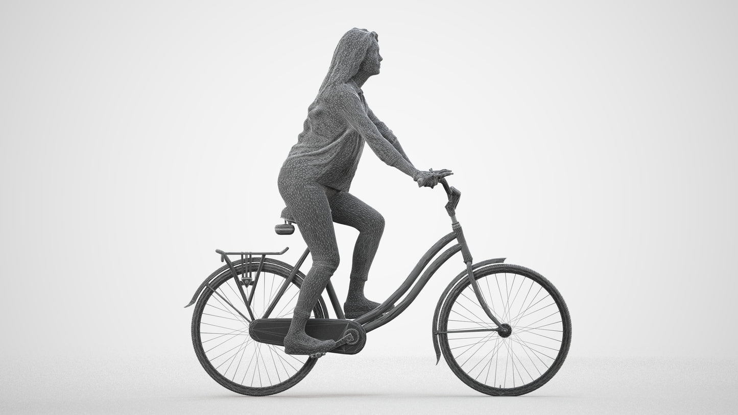 3D scanned woman cycling, photorealistic archviz people for Enscape and SketchUp, wireframe side view
