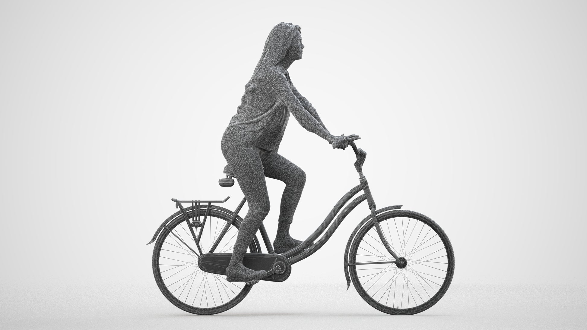 3D scanned woman cycling, photorealistic archviz people for Enscape and SketchUp, wireframe side view