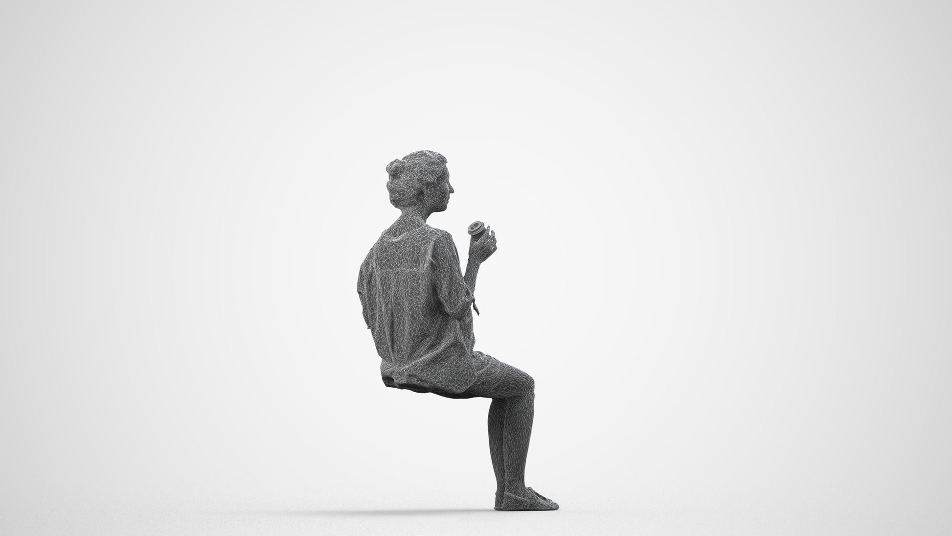 realistic 3D people woman casual sitting, render-ready for V-Ray and Corona, FBX OBJ, wireframe side view