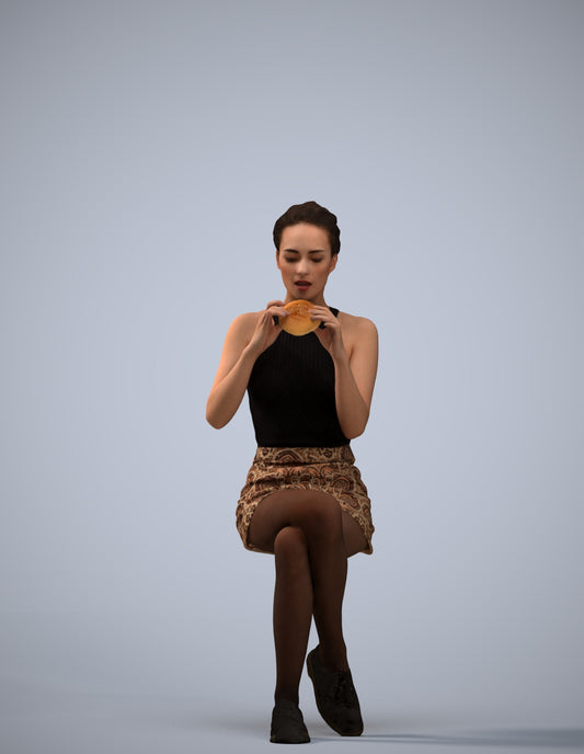 3D human model woman casual sitting, photogrammetry scanned person for archviz