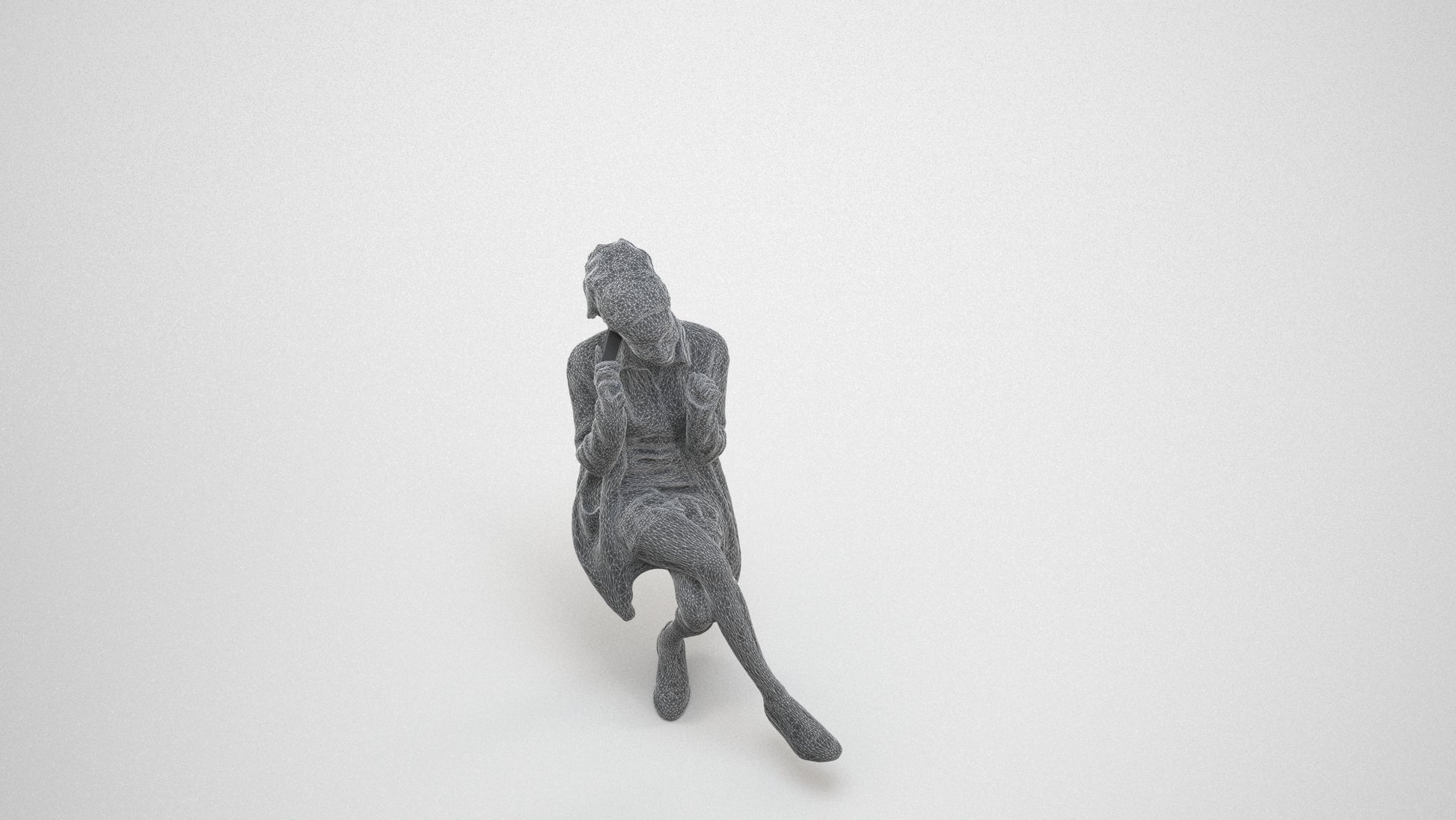 realistic 3D human woman casual sitting, archviz people FBX OBJ for Blender, wireframe three-quarter view