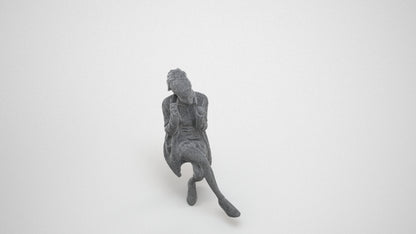 realistic 3D human woman casual sitting, archviz people FBX OBJ for Blender, wireframe three-quarter view