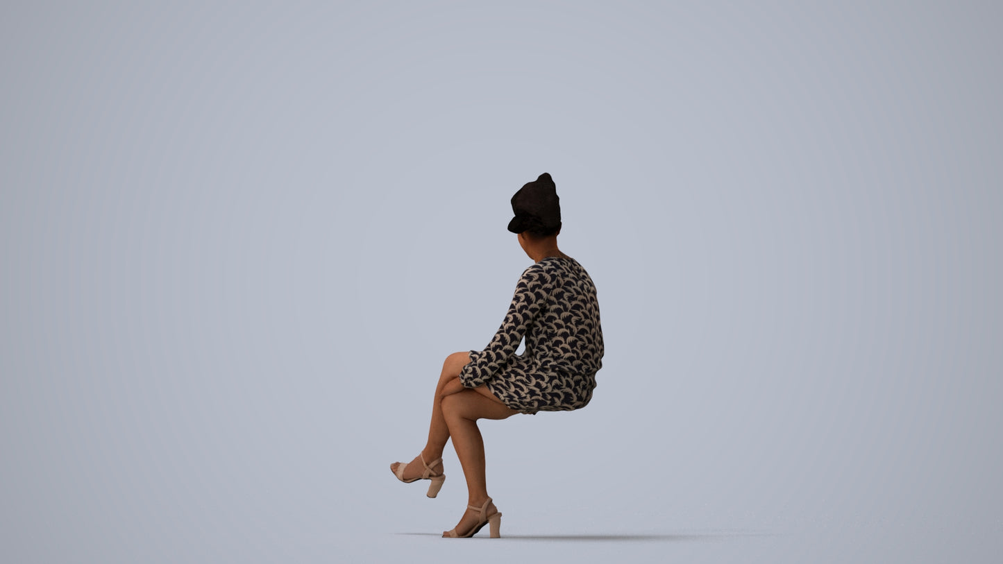 3D scanned woman sitting casual, photorealistic archviz people for Enscape and SketchUp, three-quarter view render