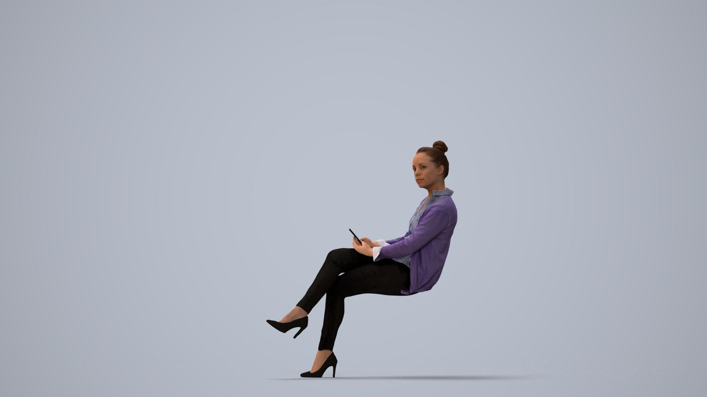 3D people model woman business sitting, scanned human for 3ds Max rendering, three-quarter view render