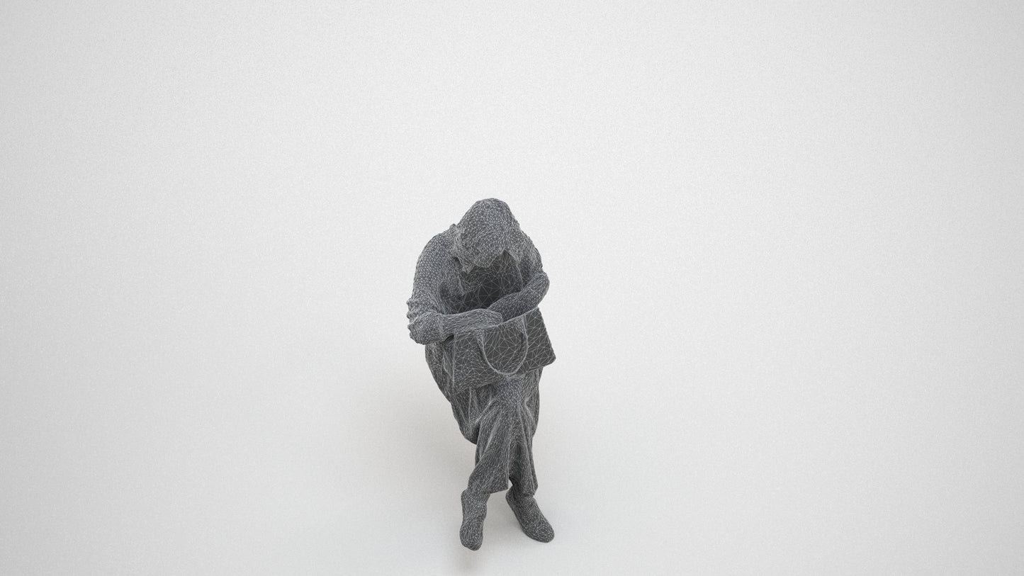 realistic 3D woman casual sitting, scanned archviz people for Blender and 3ds Max, wireframe three-quarter view