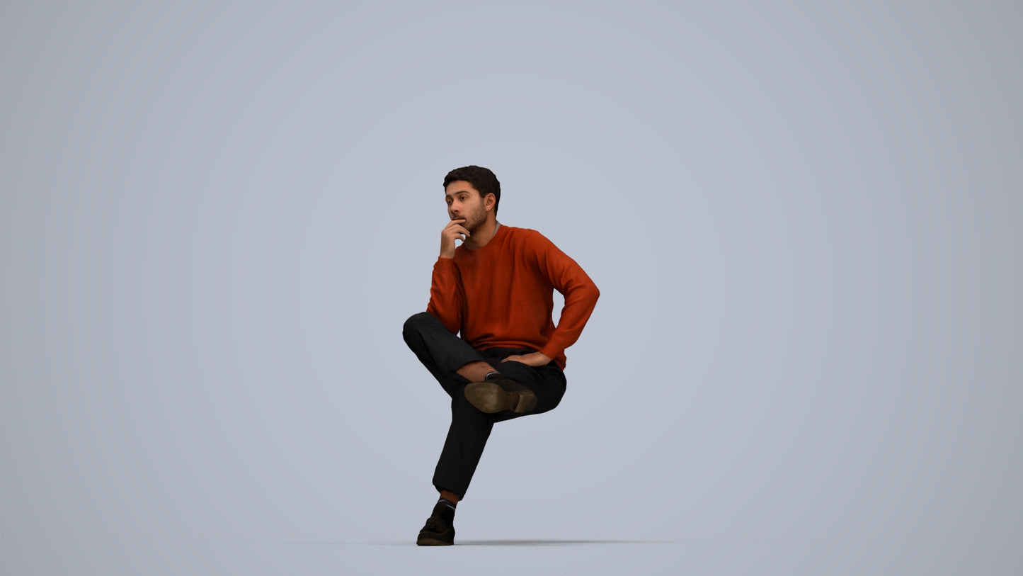 3D human model man casual sitting, photogrammetry scanned person for archviz, top-down view render