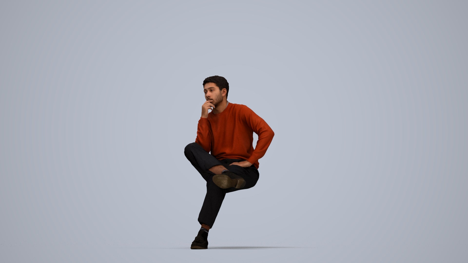3D human model man casual sitting, photogrammetry scanned person for archviz, top-down view render