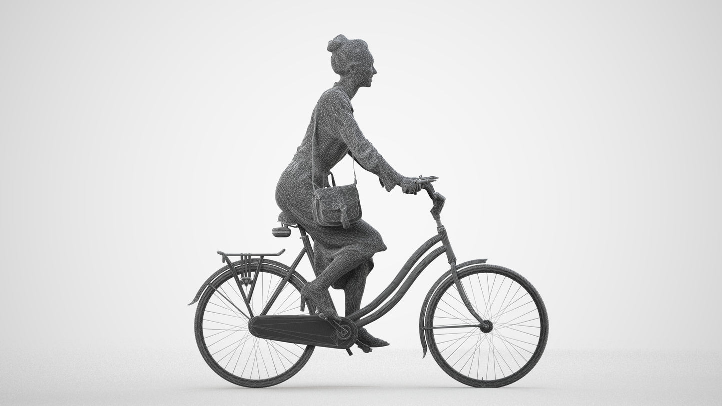 realistic 3D woman casual cycling, scanned archviz people for Blender and 3ds Max, wireframe side view