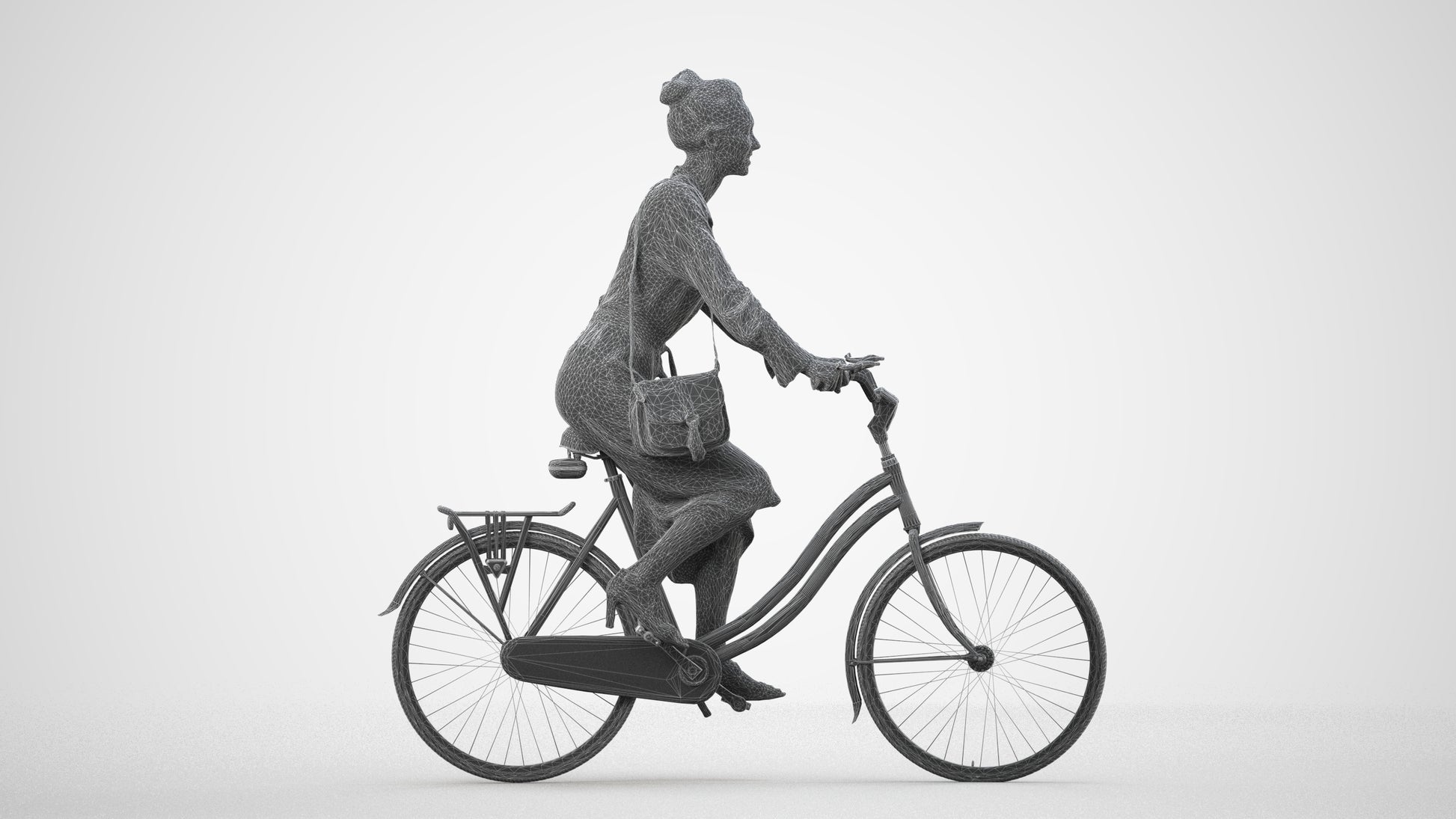 realistic 3D woman casual cycling, scanned archviz people for Blender and 3ds Max, wireframe side view