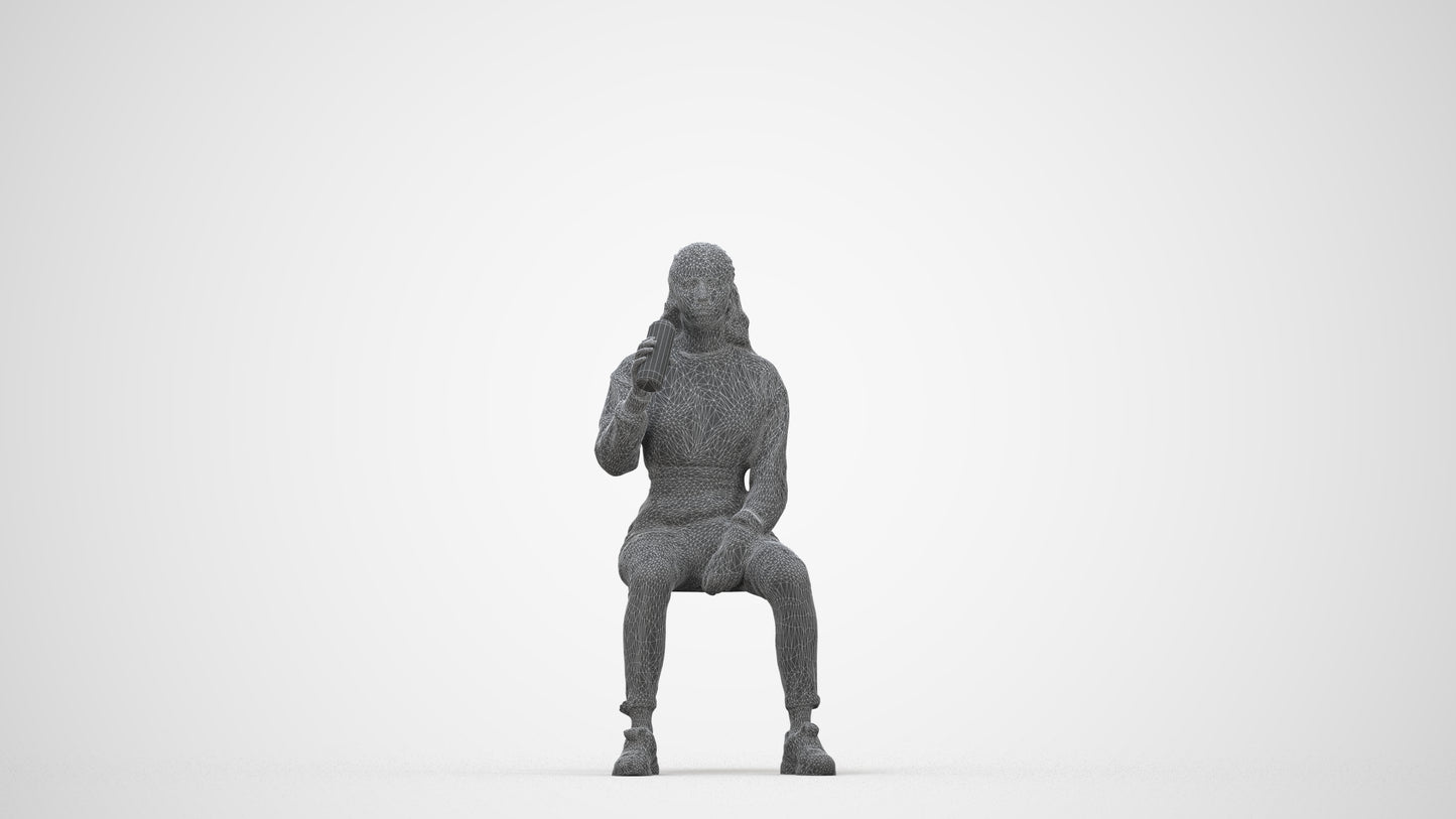 scanned 3D woman sport sitting, photogrammetry people for Enscape and V-Ray, wireframe back view