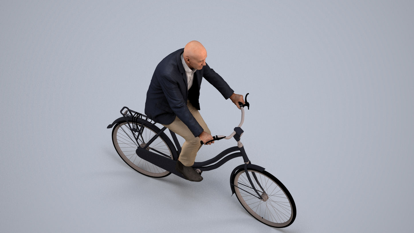 realistic 3D senior man business cycling, scanned archviz people for Blender and 3ds Max, back view render
